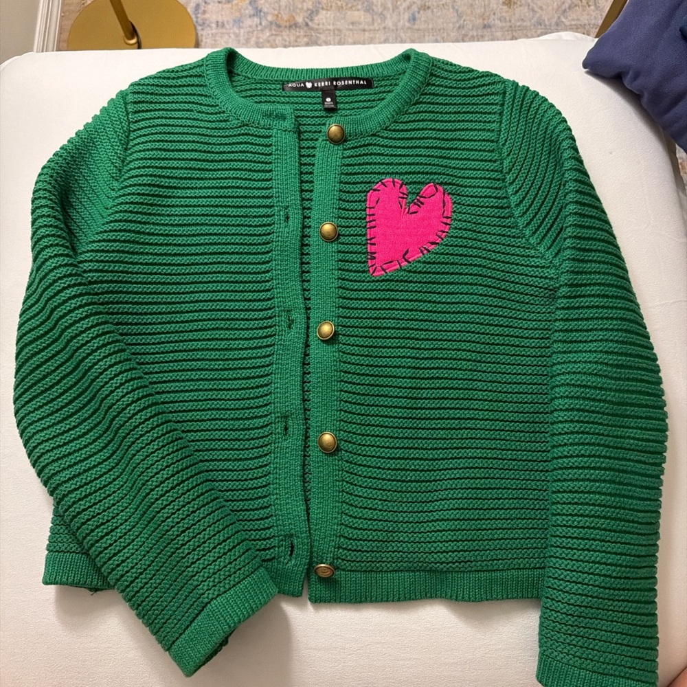 Aqua Bright Green Knit Cardigan with Pink Accent